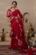 Red Pre-Draped Saree - Image 9