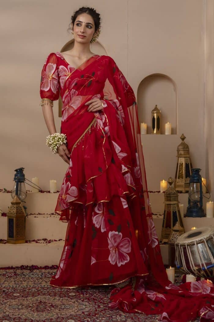 Red Pre-Draped Saree - Image 9
