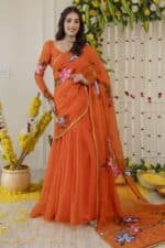 Vivid Orange Pre-Draped Saree - Image 9