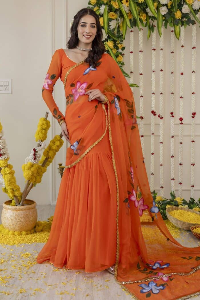 Vivid Orange Pre-Draped Saree - Image 9