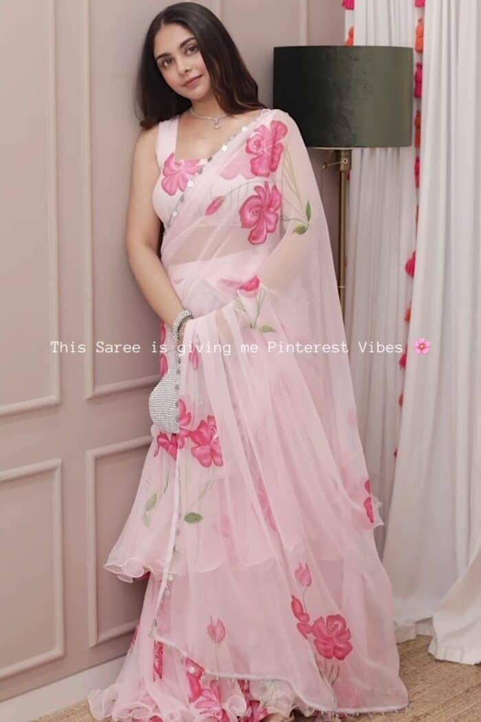 Pink Pre-Draped Saree - Image 1