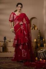 Red Pre-Draped Saree - Image 10