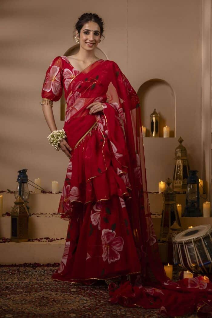 Red Pre-Draped Saree - Image 10