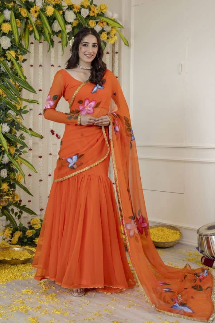 Vivid Orange Pre-Draped Saree - Image 1