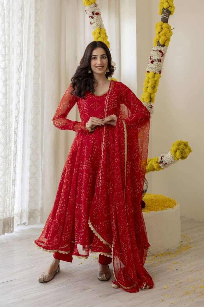 New Red Bandhej Suit Set - Image 1