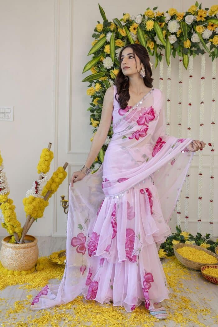 Pink Pre-Draped Saree - Image 7