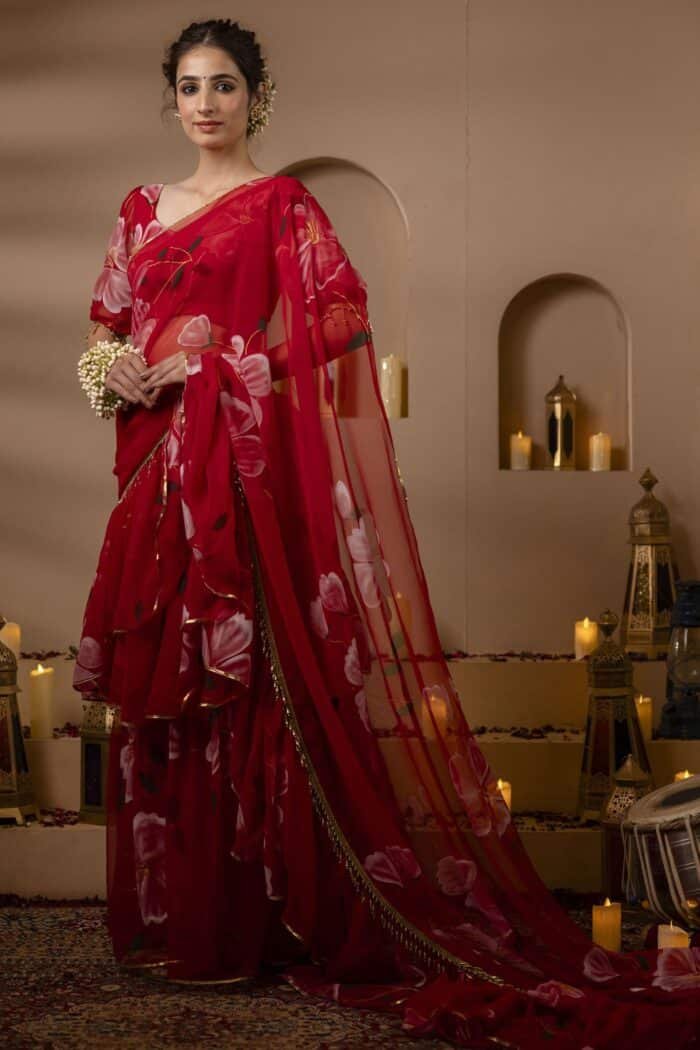 Red Pre-Draped Saree - Image 3