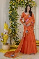 Vivid Orange Pre-Draped Saree - Image 3