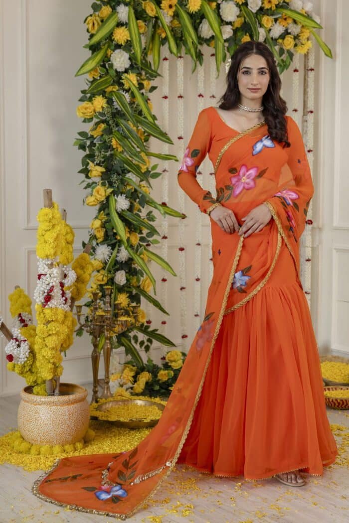 Vivid Orange Pre-Draped Saree - Image 3