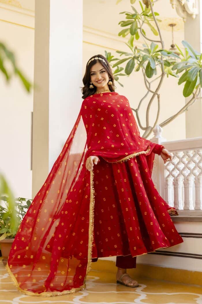 Red Bandhini Suit Set - Image 7