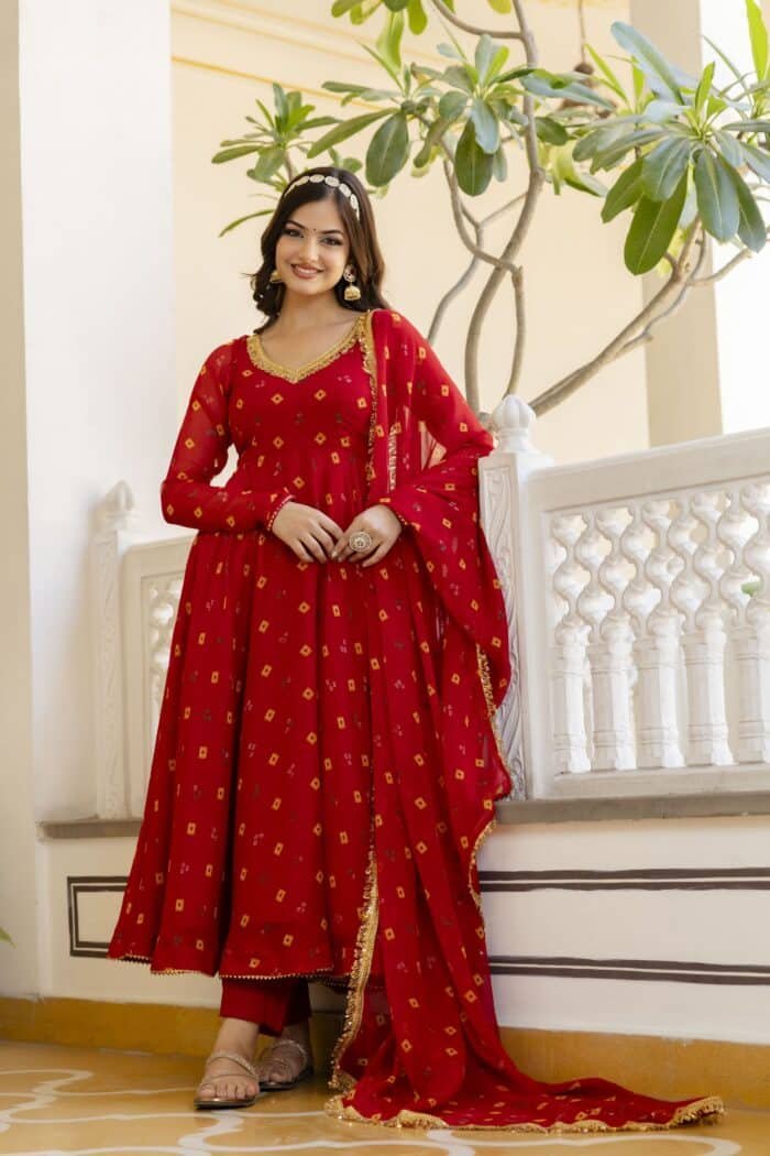 Red Bandhini Suit Set - Image 1