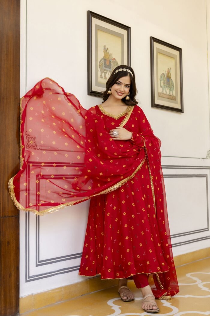 Red Bandhini Suit Set - Image 5
