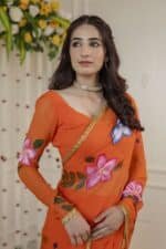 Vivid Orange Pre-Draped Saree - Image 2