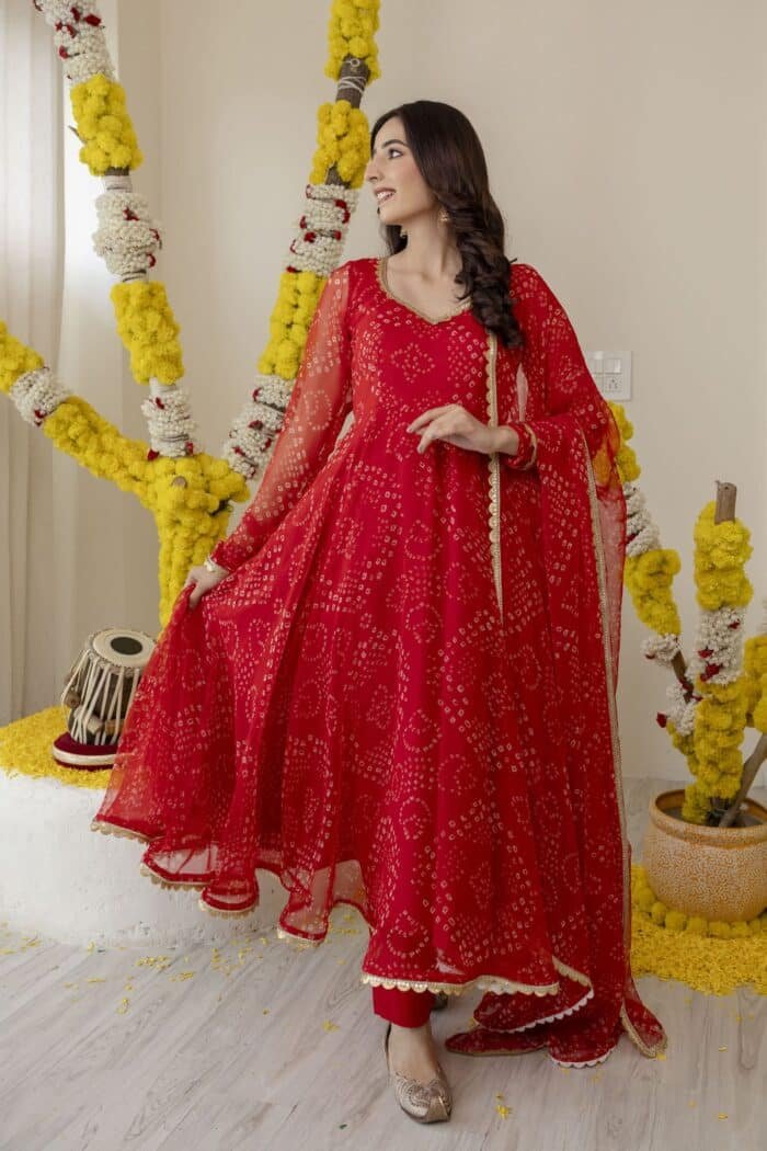 New Red Bandhej Suit Set - Image 5