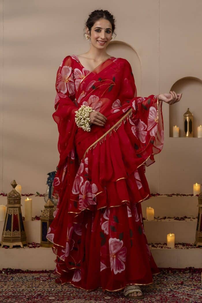 Red Pre-Draped Saree - Image 1
