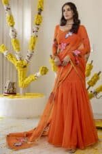 Vivid Orange Pre-Draped Saree - Image 4