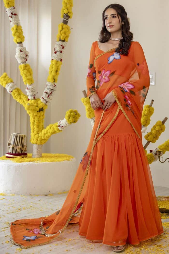 Vivid Orange Pre-Draped Saree - Image 4