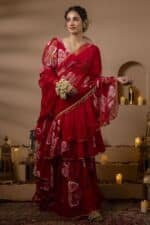 Red Pre-Draped Saree - Image 4