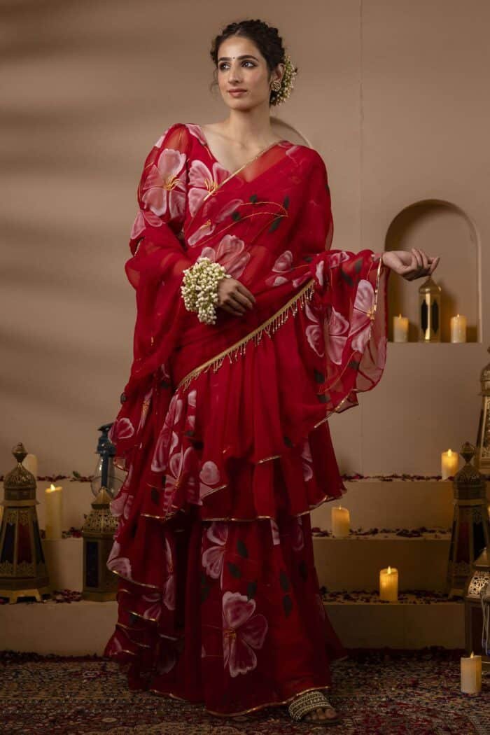 Red Pre-Draped Saree - Image 4