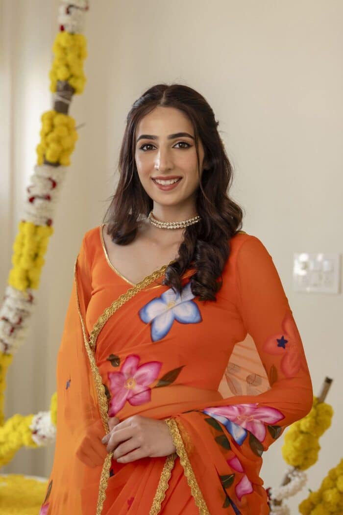 Vivid Orange Pre-Draped Saree - Image 5