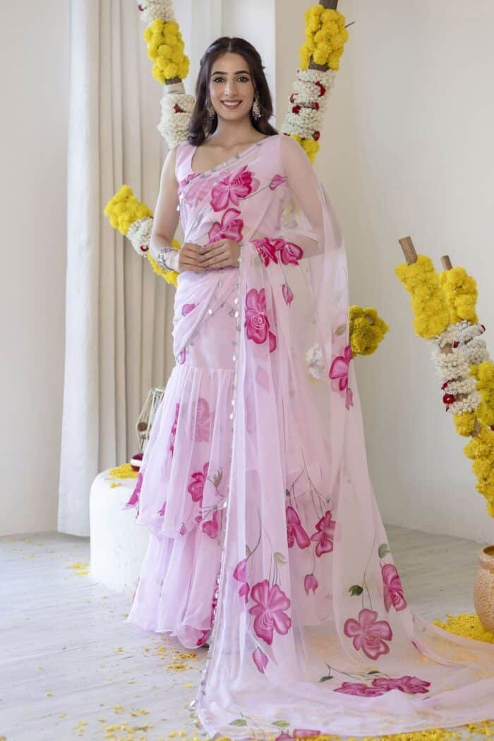 Pink Pre-Draped Saree - Image 10