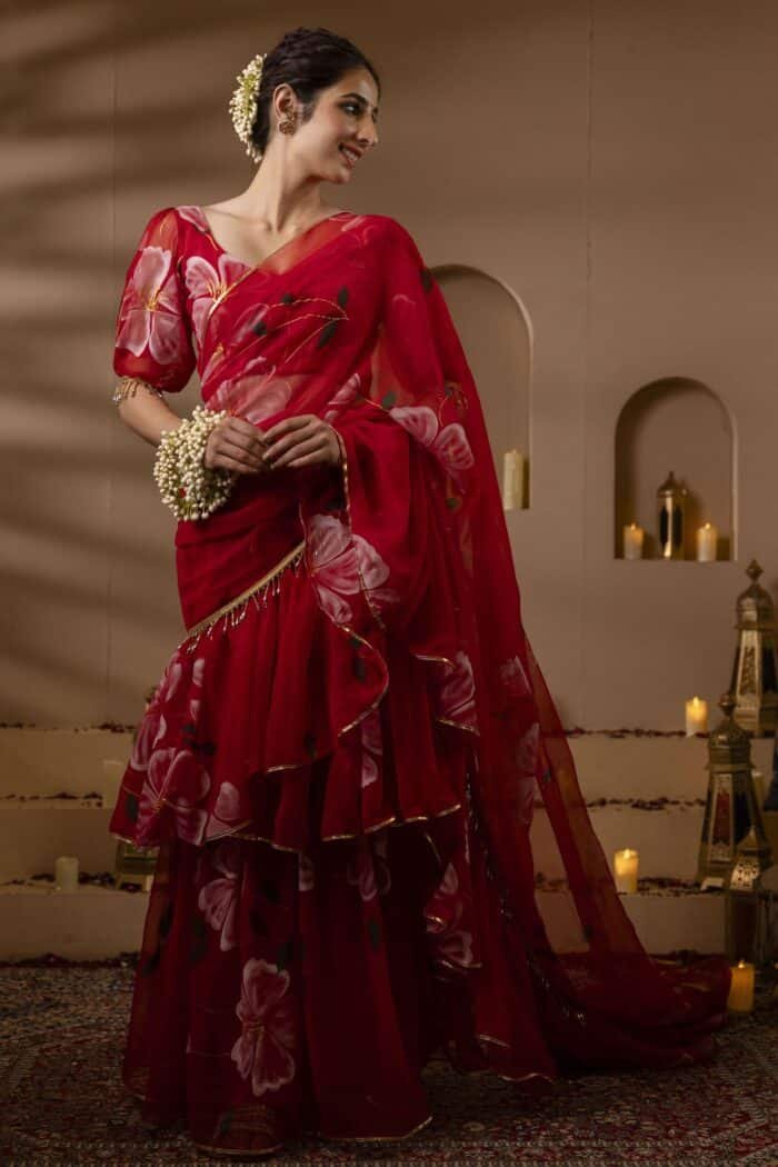 Red Pre-Draped Saree - Image 5