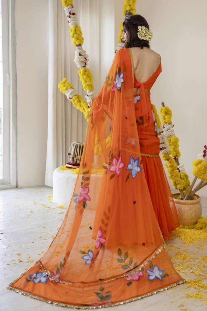 Vivid Orange Pre-Draped Saree - Image 6