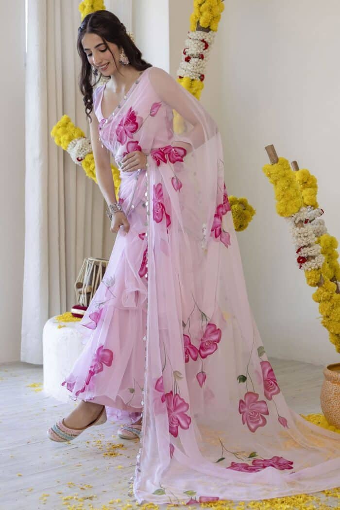 Pink Pre-Draped Saree - Image 11