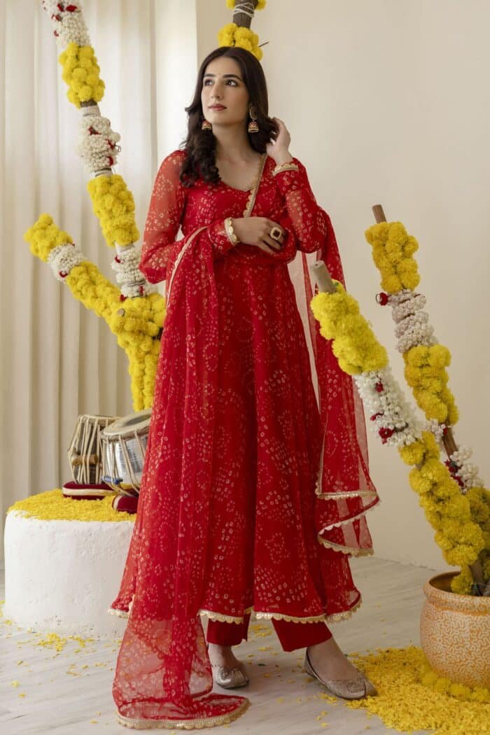 New Red Bandhej Suit Set - Image 7