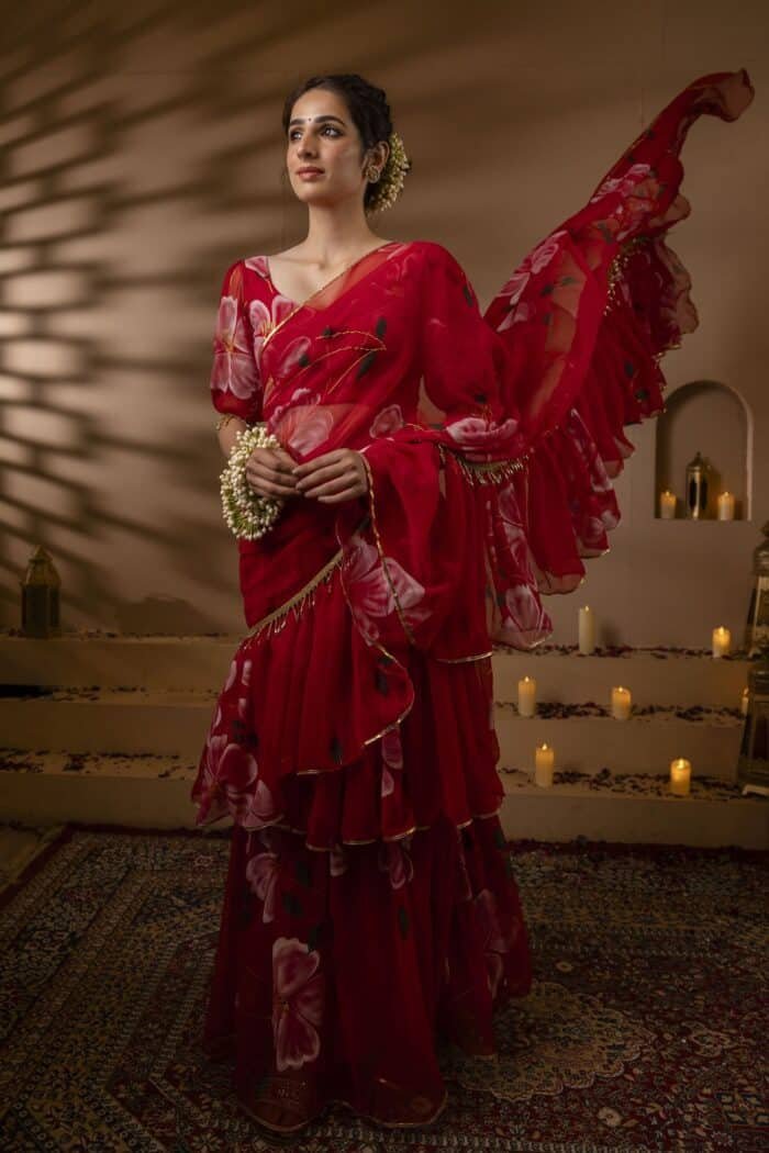 Red Pre-Draped Saree - Image 6