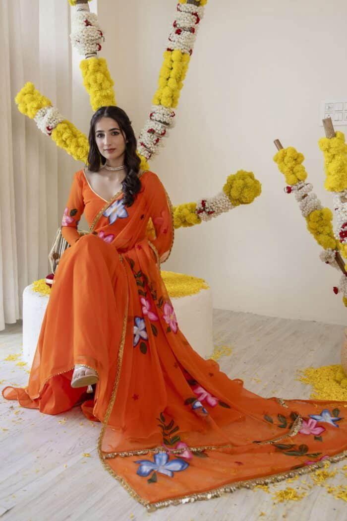 Vivid Orange Pre-Draped Saree - Image 7