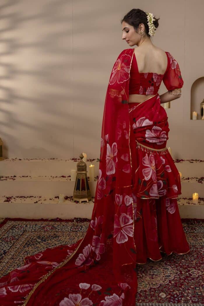 Red Pre-Draped Saree - Image 7