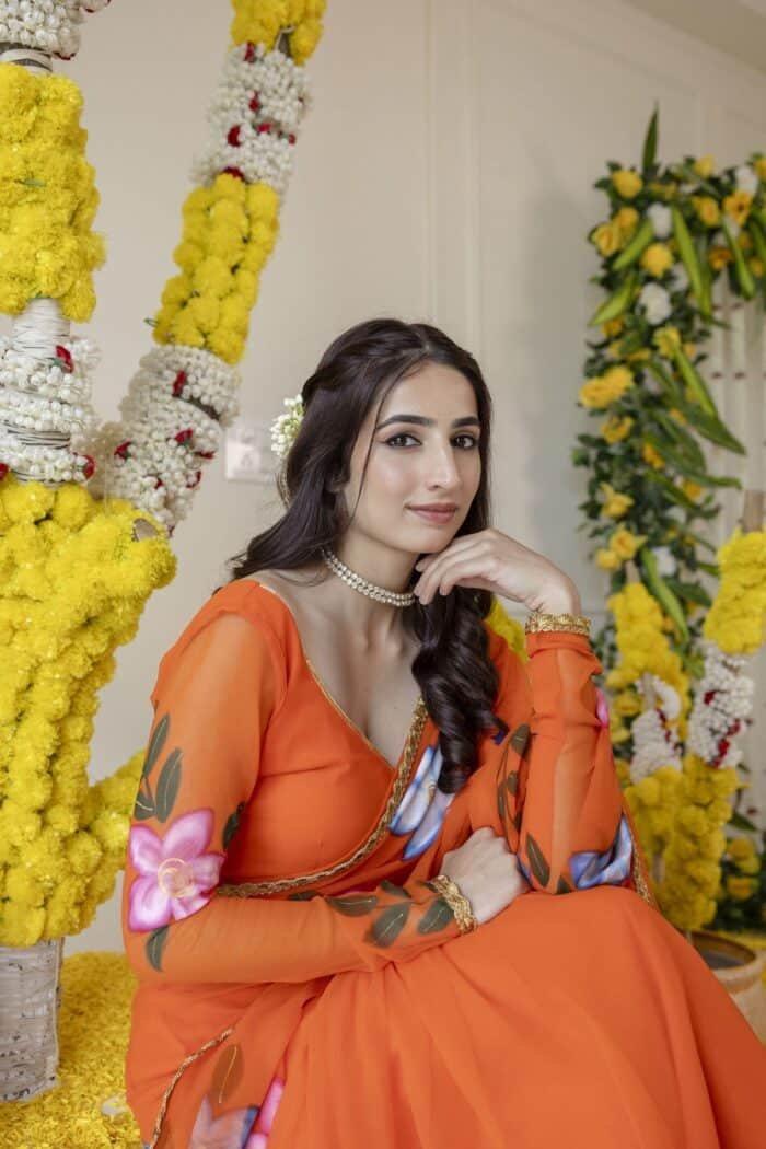 Vivid Orange Pre-Draped Saree - Image 8