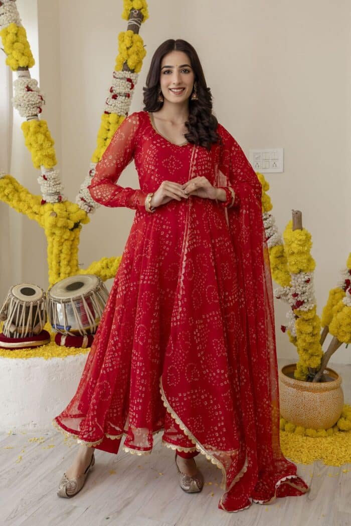New Red Bandhej Suit Set - Image 9