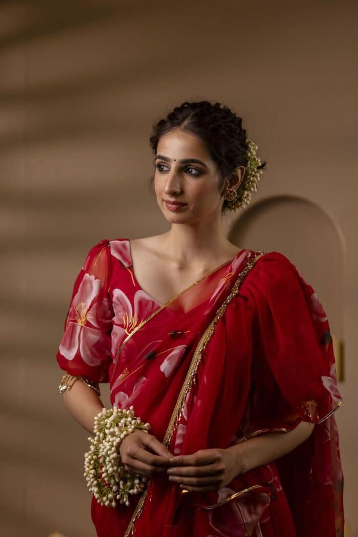 Red Pre-Draped Saree - Image 2