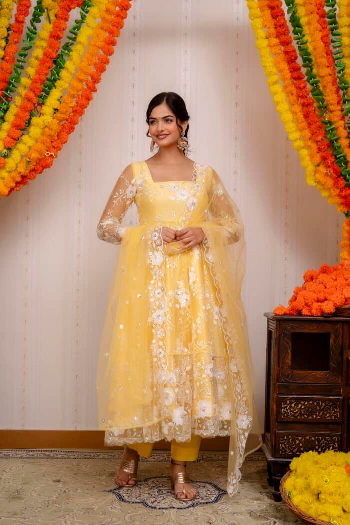 Yellow  Embroidered Suit Set - Image 5