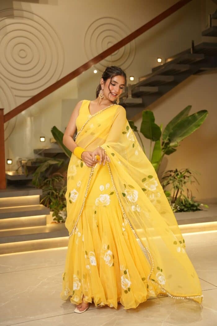 Yellow Pre-Draped Saree - Image 4