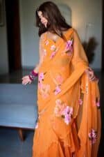 Saffron hand Painted Pre Draped Saree - Image 2