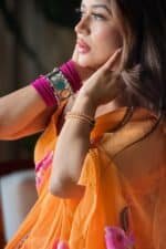 Saffron hand Painted Pre Draped Saree - Image 10