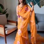 Saffron hand Painted Pre Draped Saree