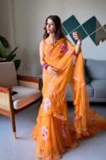 Saffron hand Painted Pre Draped Saree