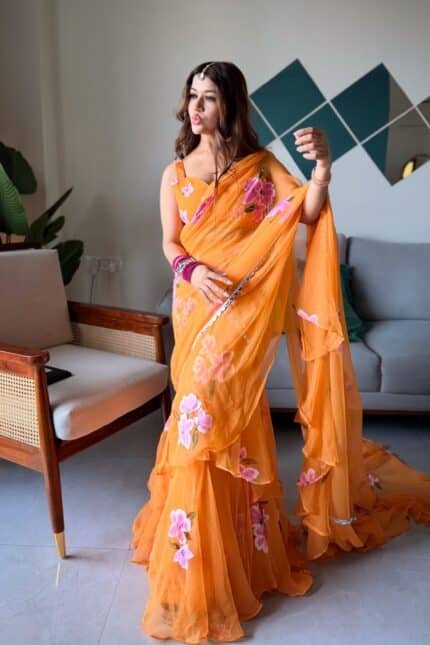 Saffron hand Painted Pre Draped Saree
