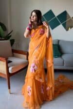 Saffron hand Painted Pre Draped Saree - Image 3