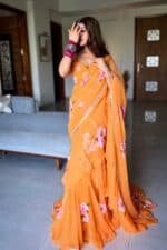 Saffron hand Painted Pre Draped Saree - Image 7