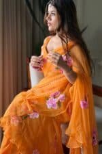 Saffron hand Painted Pre Draped Saree - Image 9
