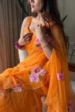 Saffron hand Painted Pre Draped Saree - Image 5